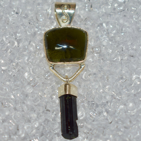 Moldavite & Black Tourmaline Pendant